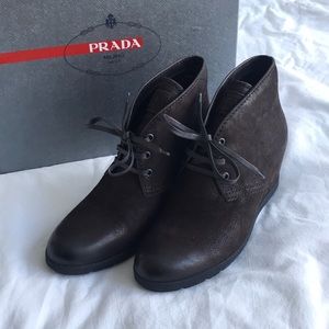 PRADA Capra Antic Wedge Lace Up Booties